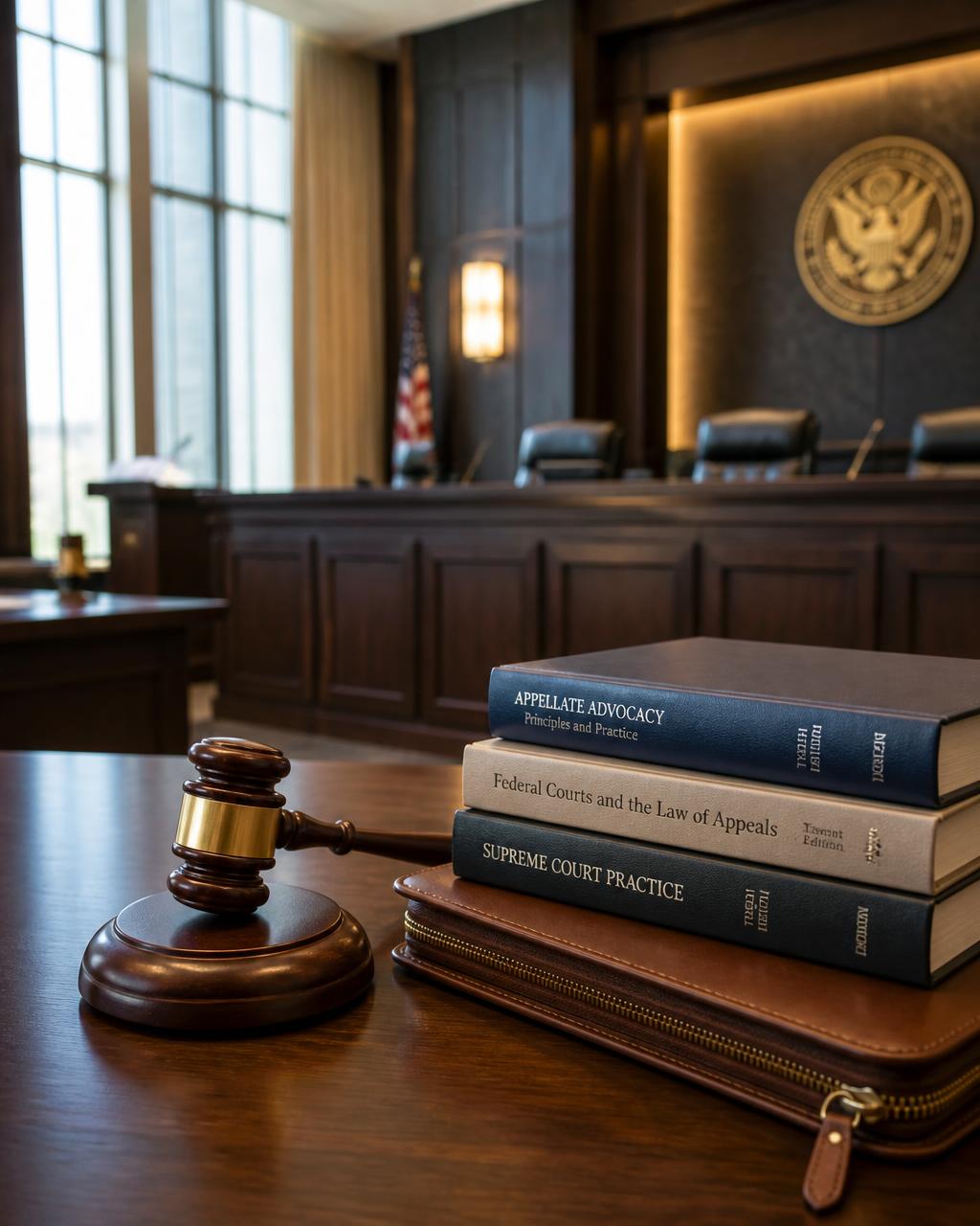 Moot courtroom bench with a gavel and stacked legal texts