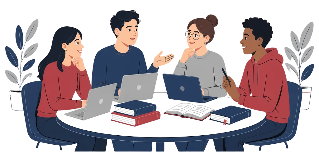Illustration of a moot court team preparing a case together